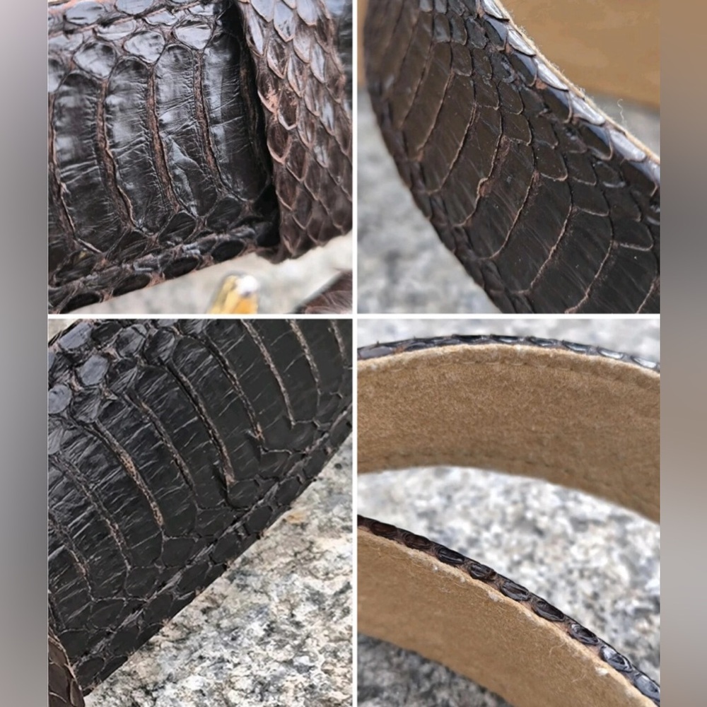 Vintage Women’s Gold Tone Leaves Buckle with Genuine Dark Brown Snake Skin Belt - Picture 14 of 16